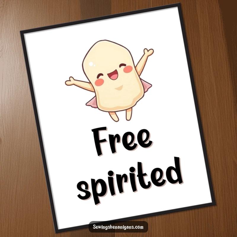 Funny poster: A delighted fabric scrap character captured mid-flutter, embodying happiness and a gentle, breezy spirit.