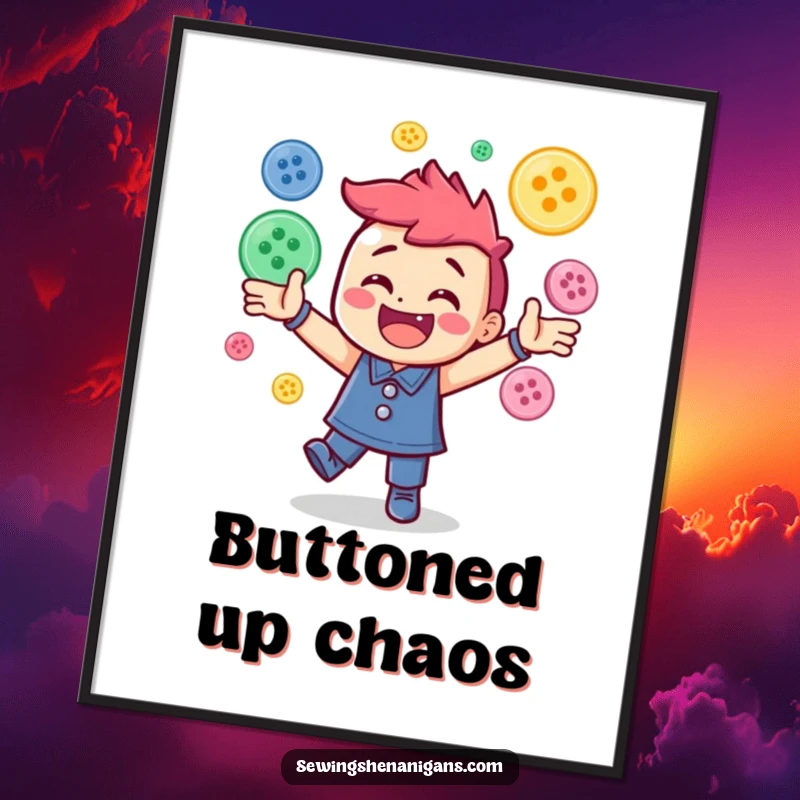 Funny poster illustrating a bright character energetically juggling a cascade of colorful sewing buttons, creating a whimsical scene.