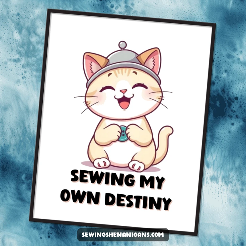 Funny cat wearing a thimble hat sewing a button with great enthusiasm, humorous wall art for crafters.