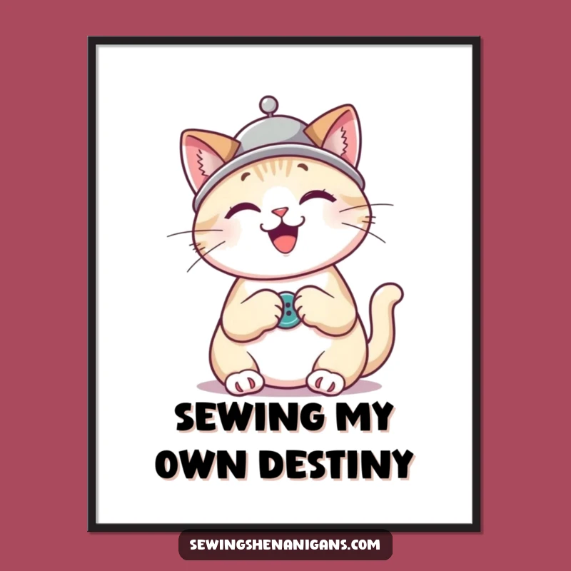 Funny Cat Sewing Poster: Happy Kitty with Thimble Hat, Humorous Wall Art Gift for Crafters