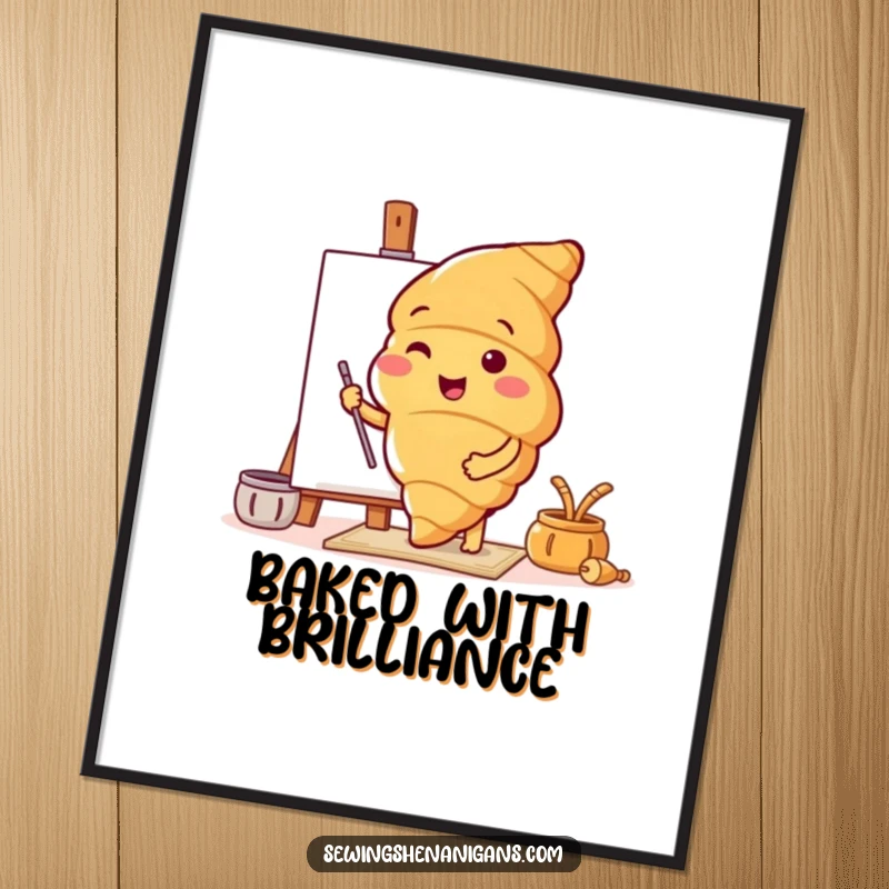 Funny poster print of a happy croissant character joyfully experimenting with a fresh, eye-catching pattern, great for walls.