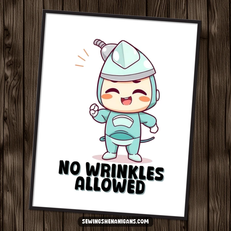 Funny poster featuring a determined iron character joyfully smoothing out wrinkles, symbolizing efficiency and order.