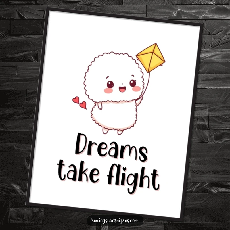 Funny Poster: A happy pincushion flies a fluffy fabric scrap as a kite, a humorous and uplifting sewing illustration.