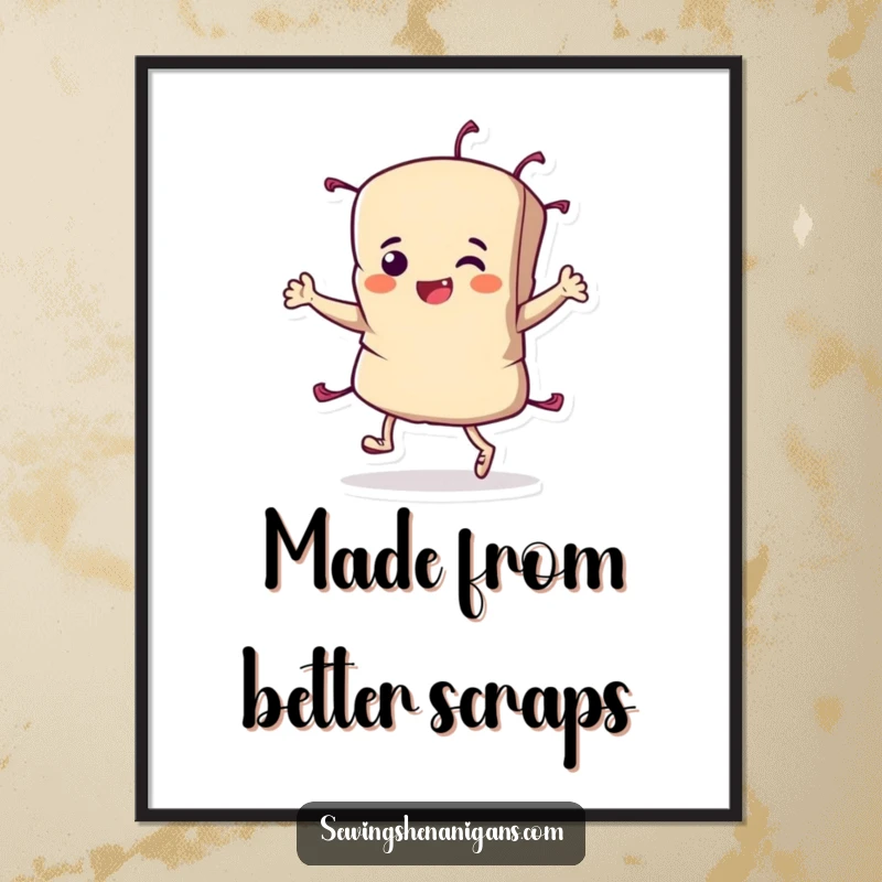 Funny Fabric Scrap Poster print of a determined character doing a celebratory jig, perfect for sewing room decor.