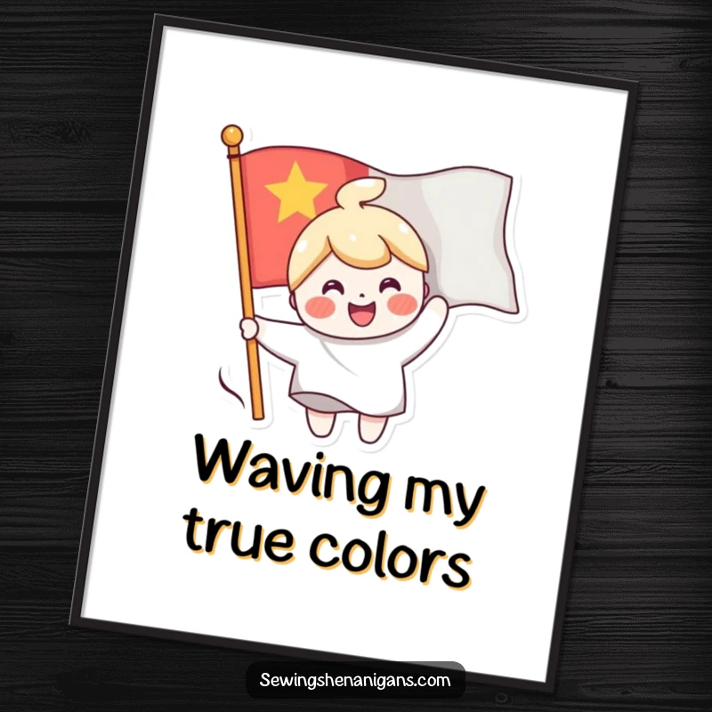 Funny poster art of a cheerful character sewing a smiling face onto a waving flag, creating a vibrant and uplifting scene.