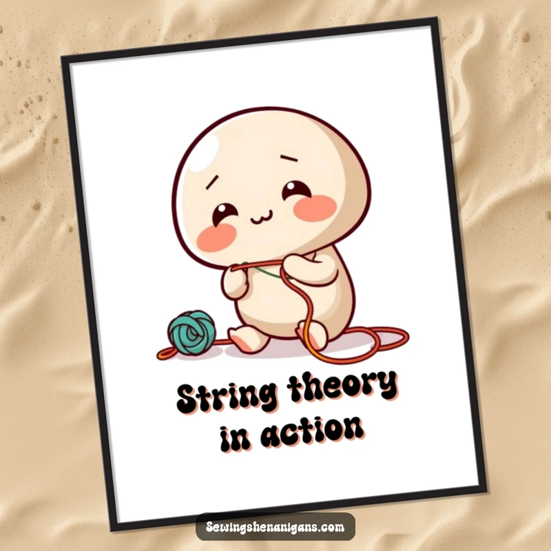 Funny poster showcasing a giggling needle character enthusiastically threading colorful string, a joyful piece of wall art.