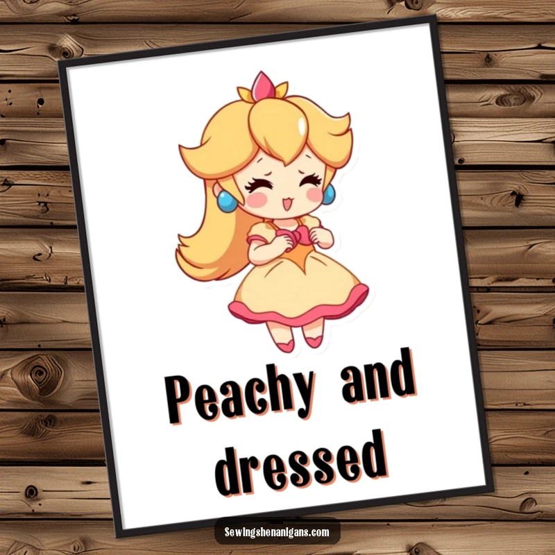 Funny Peach Dress Poster: A playful peach character trying on a tiny dress, perfect for funny and cute wall art.