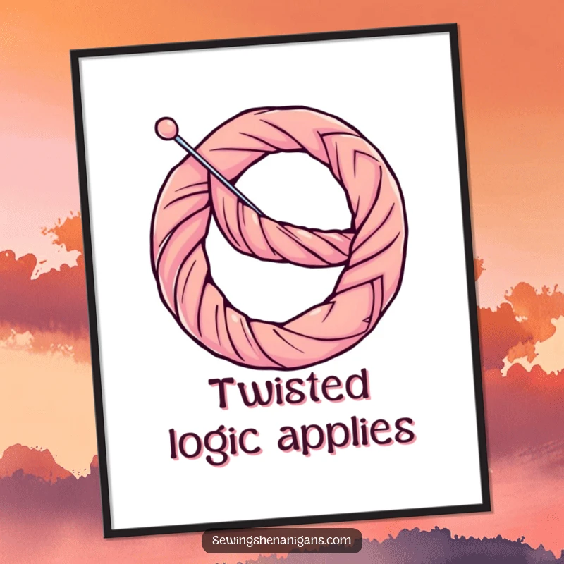 Funny Poster: A needle is humorously bent into a pretzel by a determined thread, a comical sewing art piece.