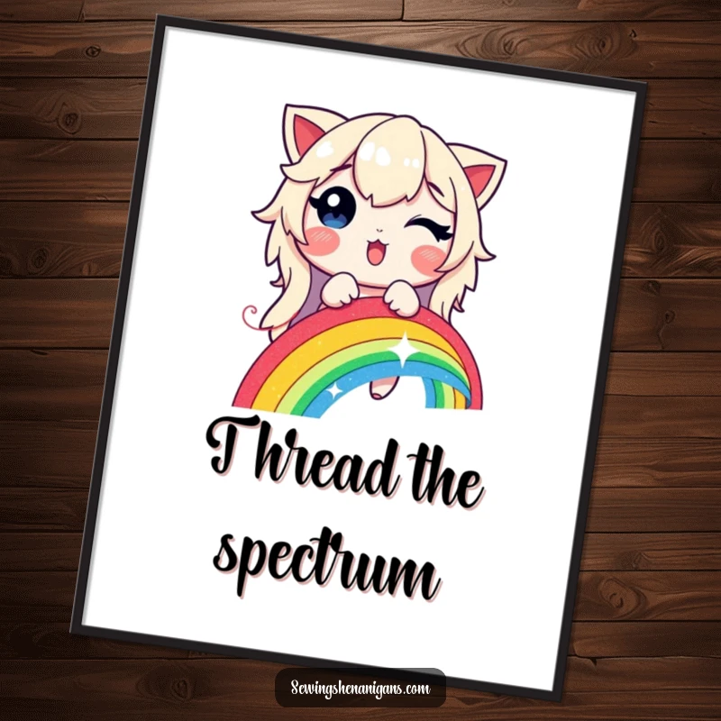 Funny, vibrant poster of a delighted character stitching a glowing rainbow with a shimmering, magical thread.