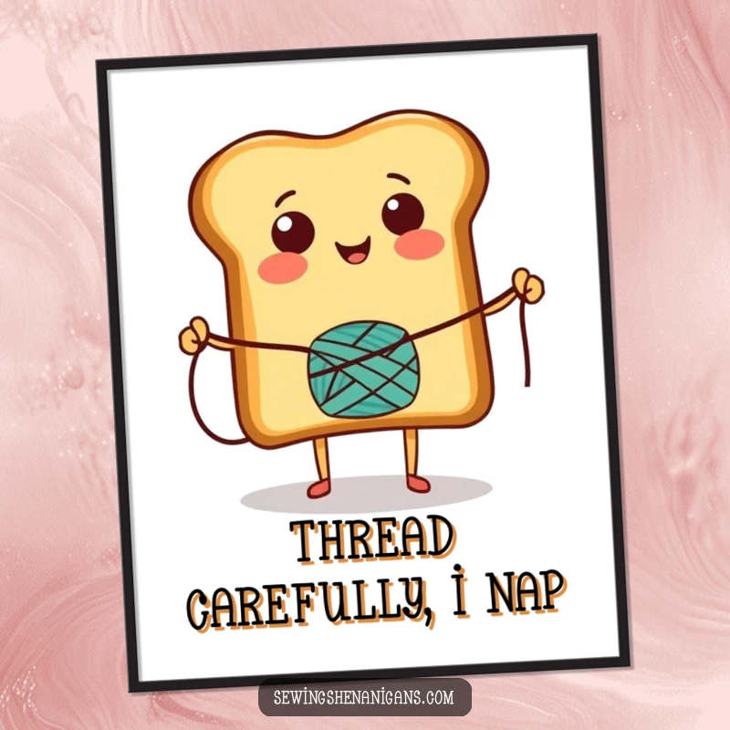 Funny Poster featuring a smiling toast skipping rope with a thread spool, exuding happiness and playful energy for vibrant home decor.