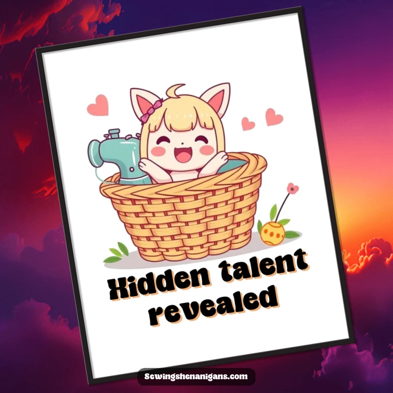 Funny Sewing Basket Poster: A character joyfully pops out of a sewing basket, adding a whimsical touch to decor.