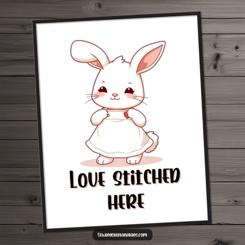 Funny playful bunny wearing a cute apron, stitching a tiny heart, humorous wall art for crafters.