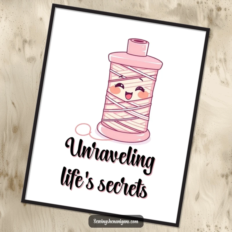 Funny Poster: A spool of thread unravels, giggling uncontrollably, a whimsical and humorous sewing art print.