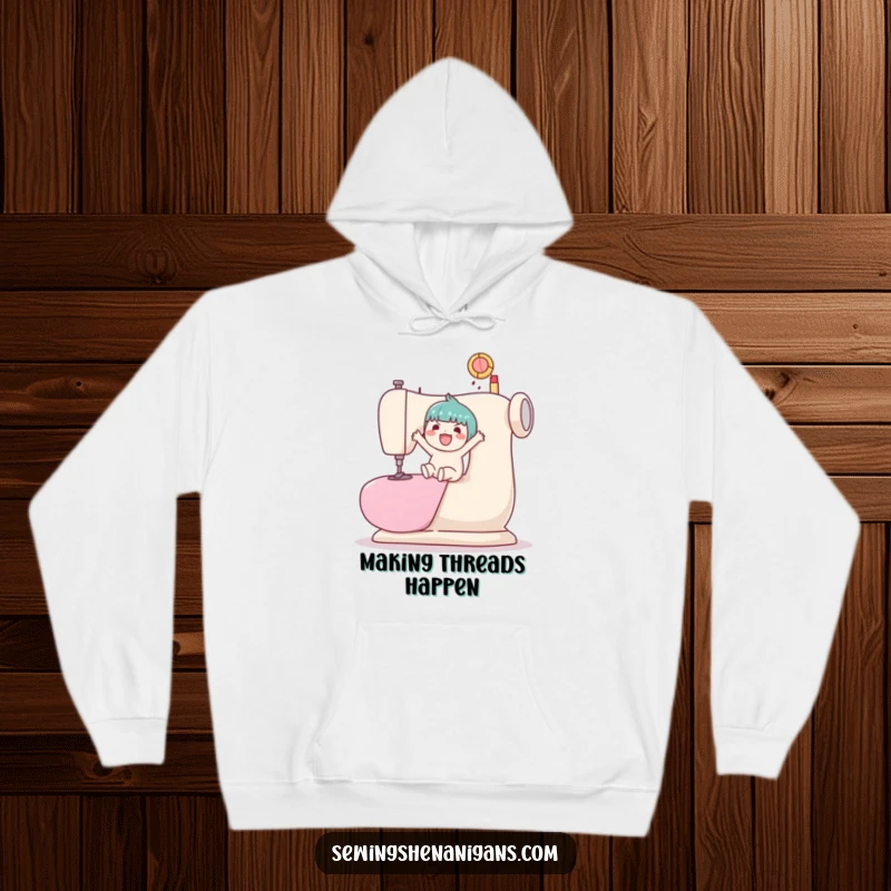 Funny, adorable kawaii character joyfully bouncing a ball atop a comically large sewing machine.