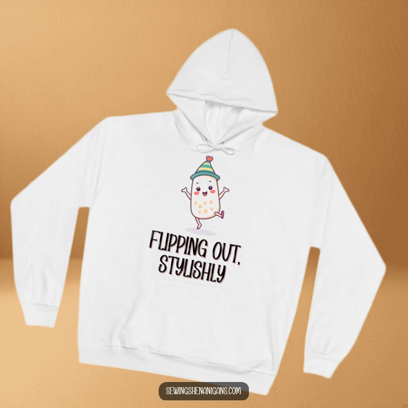 Funny thimble character hoodie wearing a hat and doing a cartwheel, offering comfort and playful humor for crafters and as a funny gift.
