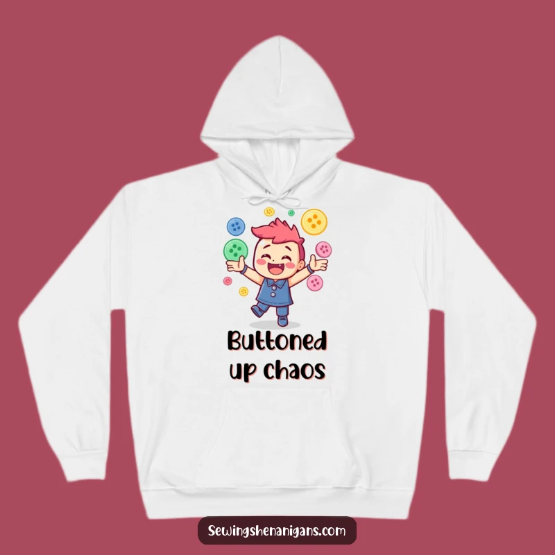 Funny Button Juggling Hoodie: Cozy Crafter Gift with Happy Character