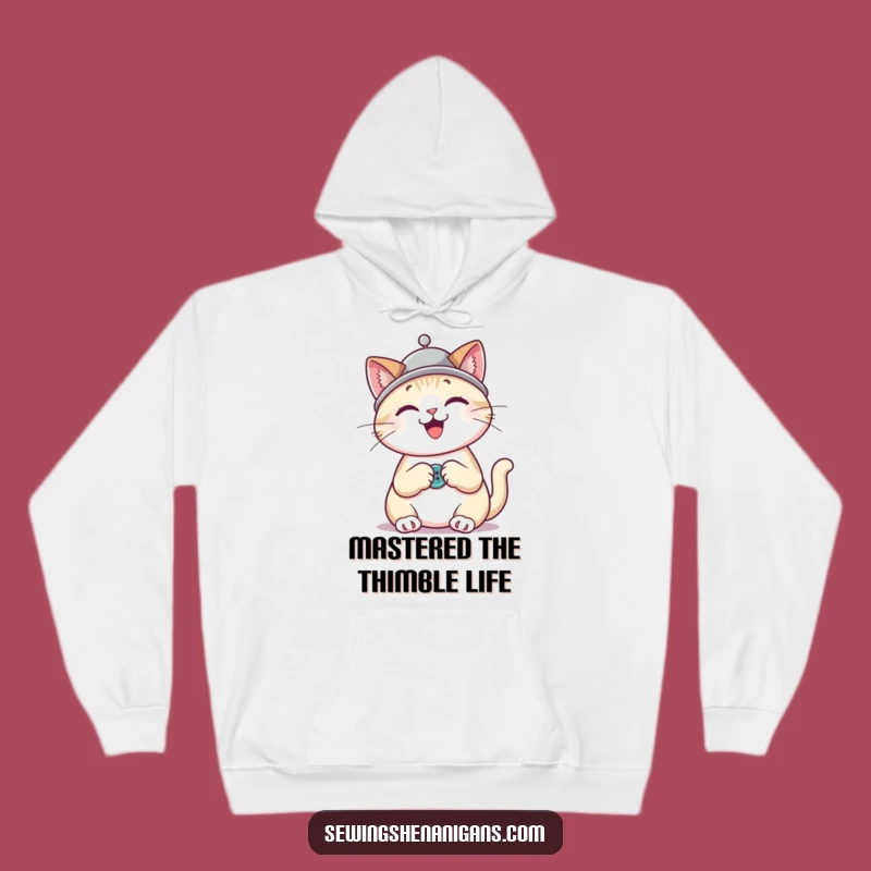 Funny Cat Sewing Hoodie: Cozy Thimble Hat Kitty, Warm & Humorous Gift for Crafters