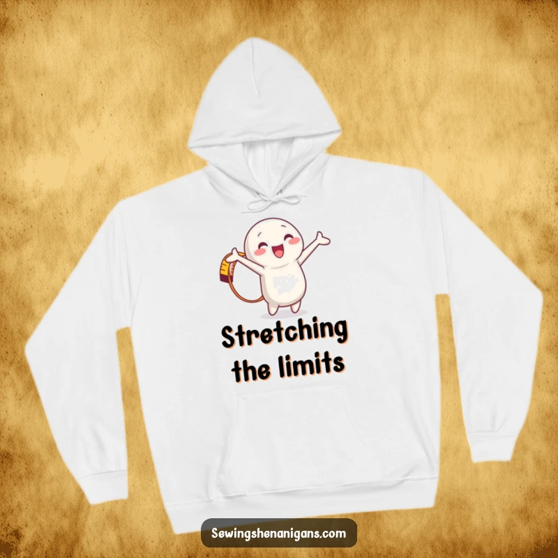 Funny Measuring Tape Hoodie showcasing a joyful character in a full stretch, designed for comfort and a playful sewing theme.