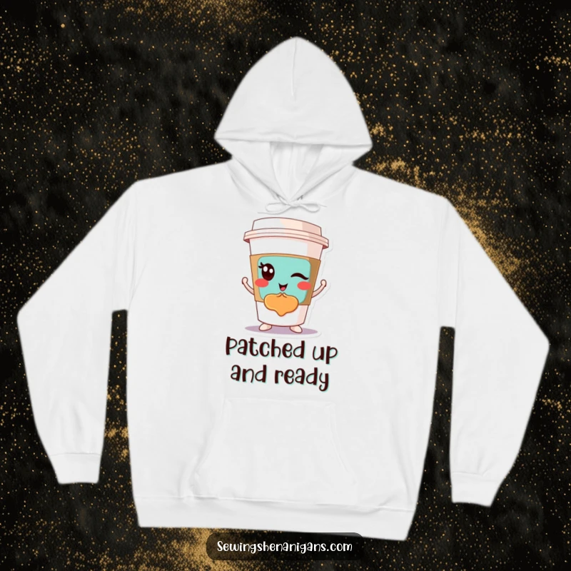 Funny Winking Coffee Cup Hoodie: A winking coffee cup character showcasing a colorful patch, perfect for a funny and cozy gift.