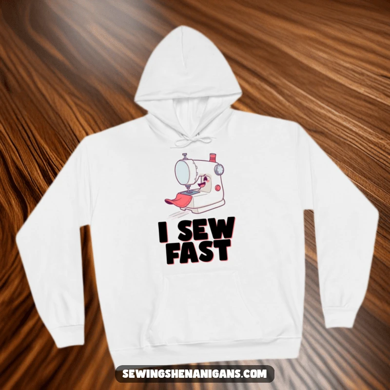 Funny Hoodie: A mischievous sewing machine character zooms gleefully across fabric, offering warmth and sewing humor.