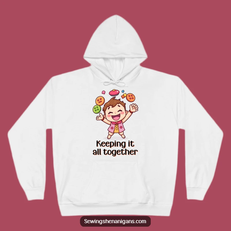 Cozy Funny Button Juggling Character Hoodie, a Warm and Hilarious Gift for Crafters
