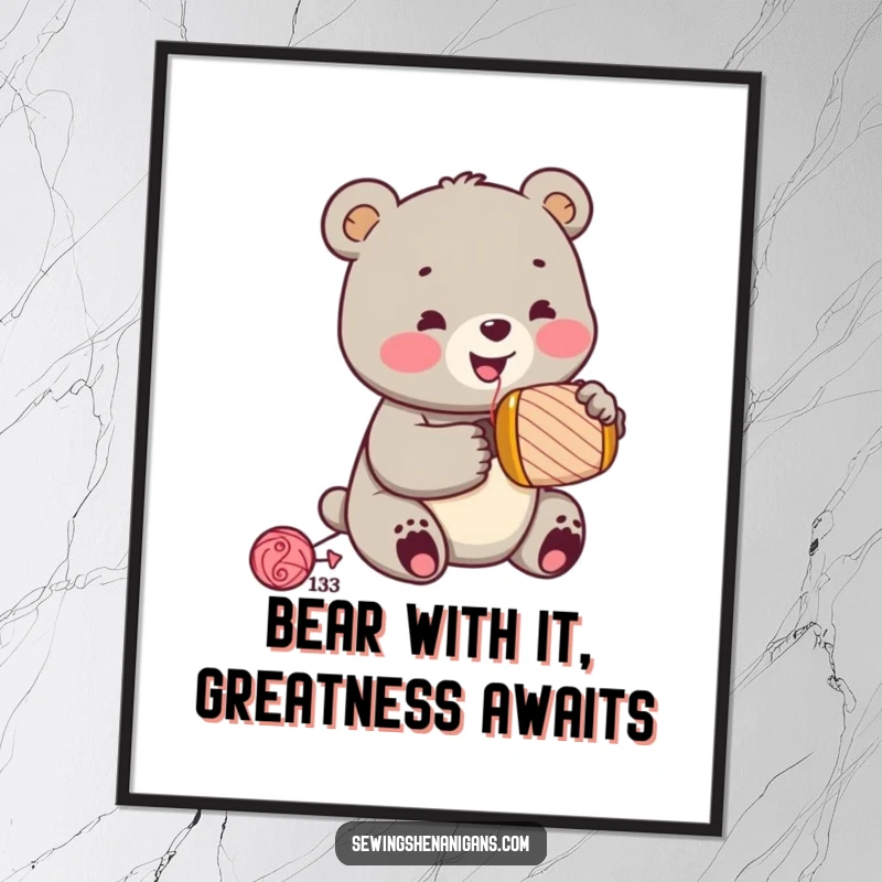 Funny Free Printable Wall Art: A jolly bear cub wearing a sewing thimble enthusiastically hammers a spool, creating a charming scene.