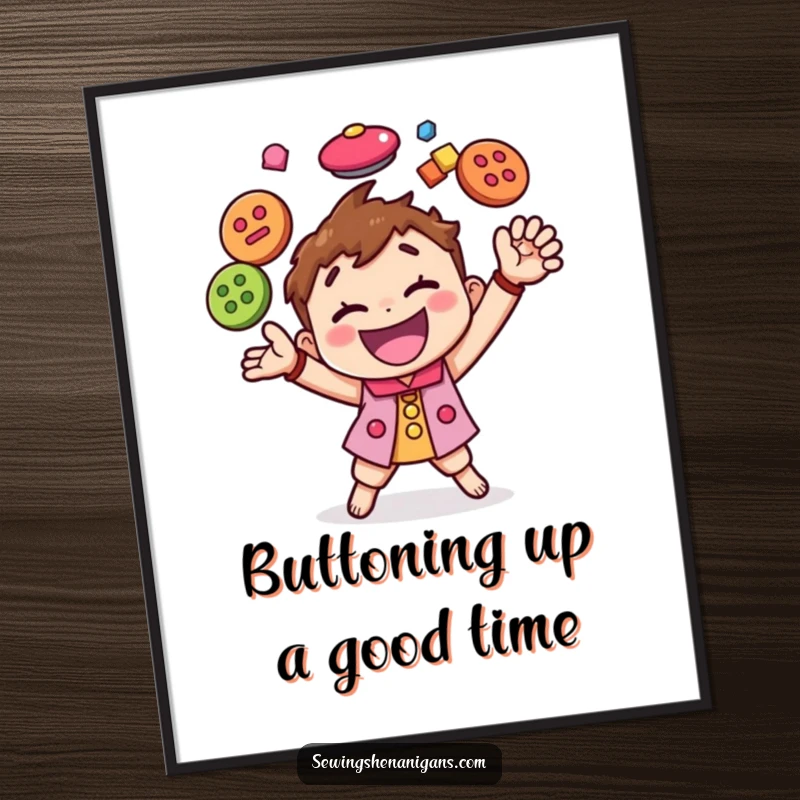 Funny Free Printable Wall Art: Happy character energetically juggling multiple colorful buttons with dynamic and cheerful motion.