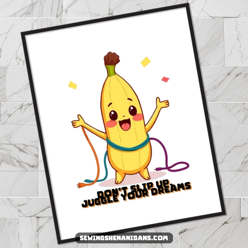 Funny Free Printable Wall Art: A curious Banana character joyfully juggling colorful threads, creating a vibrant pattern.