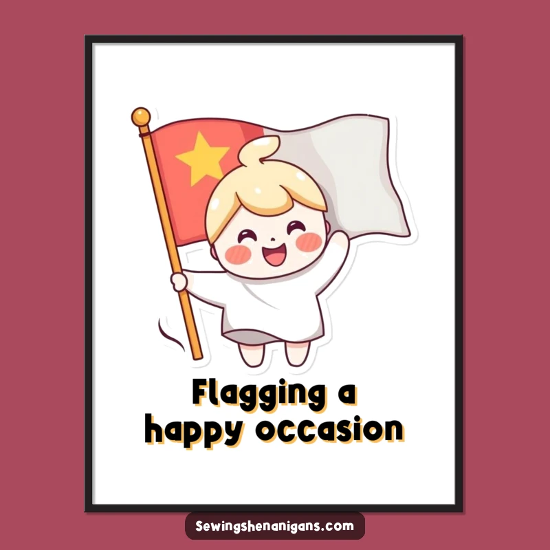 Funny Free Printable Wall Art: Flag Sewing Character, Cheerful Home Decor Download