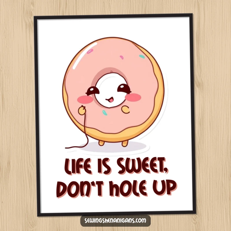 Funny Free Printable Donut Wall Art depicting a giggling donut character diligently stitching a hole.