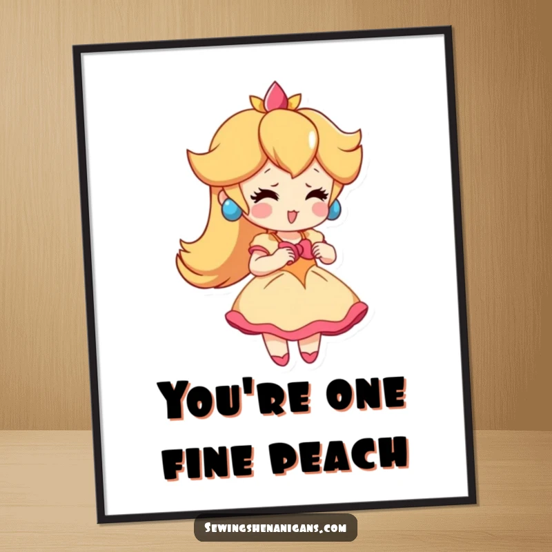 Funny Free Printable Peach Wall Art depicting a playful peach character trying on a small, fashionable dress.