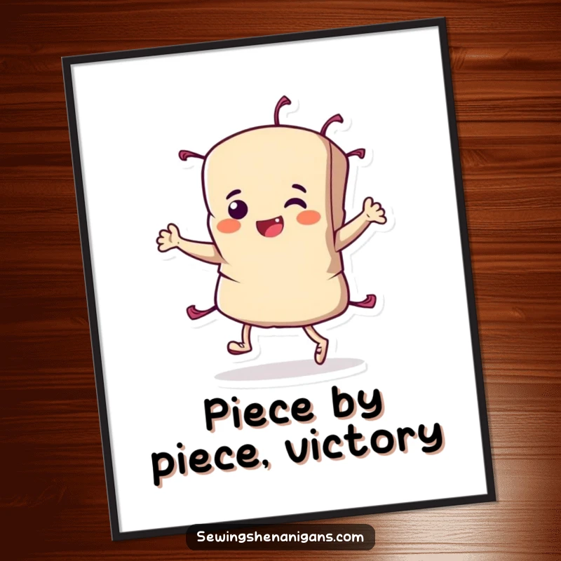 Funny Free Printable Wall Art of a fabric scrap character energetically performing a triumphant jig, full of celebratory spirit.