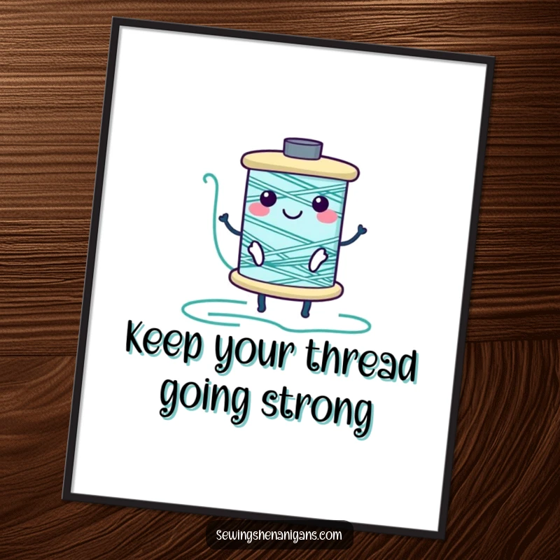 Funny Free Printable Wall Art depicts a happy spool of thread joyfully unrolling to create an endless, flowing chain, symbolizing continuity.