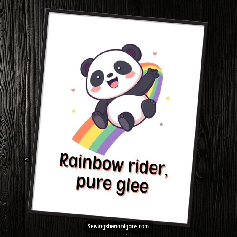 Funny Free Printable Wall Art: A kawaii panda slides with glee down a colorful rainbow, adding whimsical joy to any room.