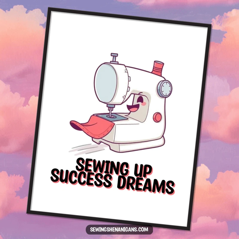 Funny Free Printable Wall Art: A mischievous sewing machine character zooming with glee across a fabric background.