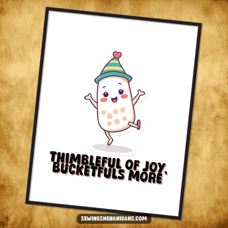 Funny Free Printable Wall Art: A happy thimble character wearing a tiny hat, performing a cartwheel, DIY decor.