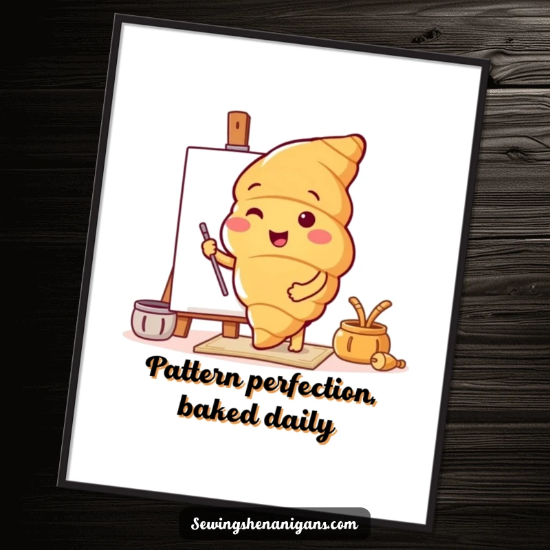 Funny Free Printable Wall Art: A cheerful croissant character enthusiastically trying out a fun, new pattern design.