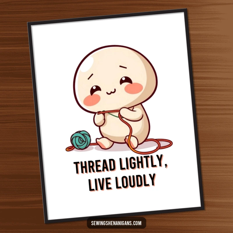 Funny Free Printable Wall Art: a giggling needle character happily threading colorful string, radiating creative energy.