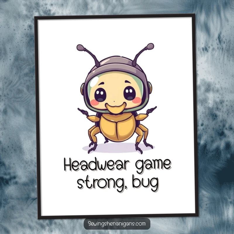 Funny Free Printable Wall Art: A bewildered beetle wearing a thimble as a tiny helmet, showcasing miniature protection with adorable humor.