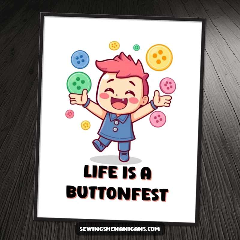 Funny Free Printable Wall Art: A joyful character comically juggles a vibrant assortment of sewing buttons with energetic flair.