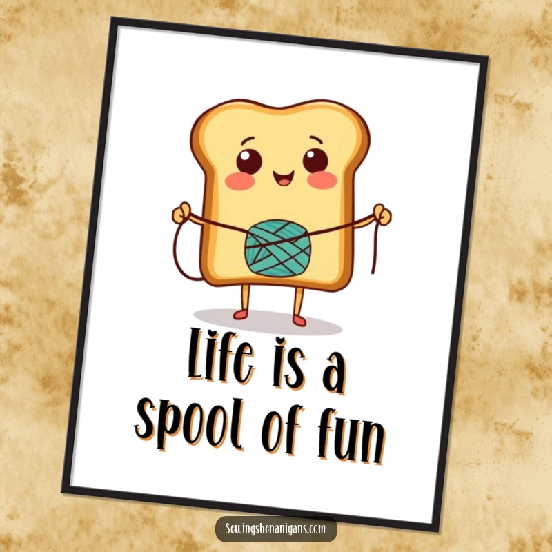 Funny Free Printable Wall Art of a joyful toast character skipping rope with a thread spool, bringing playful energy.