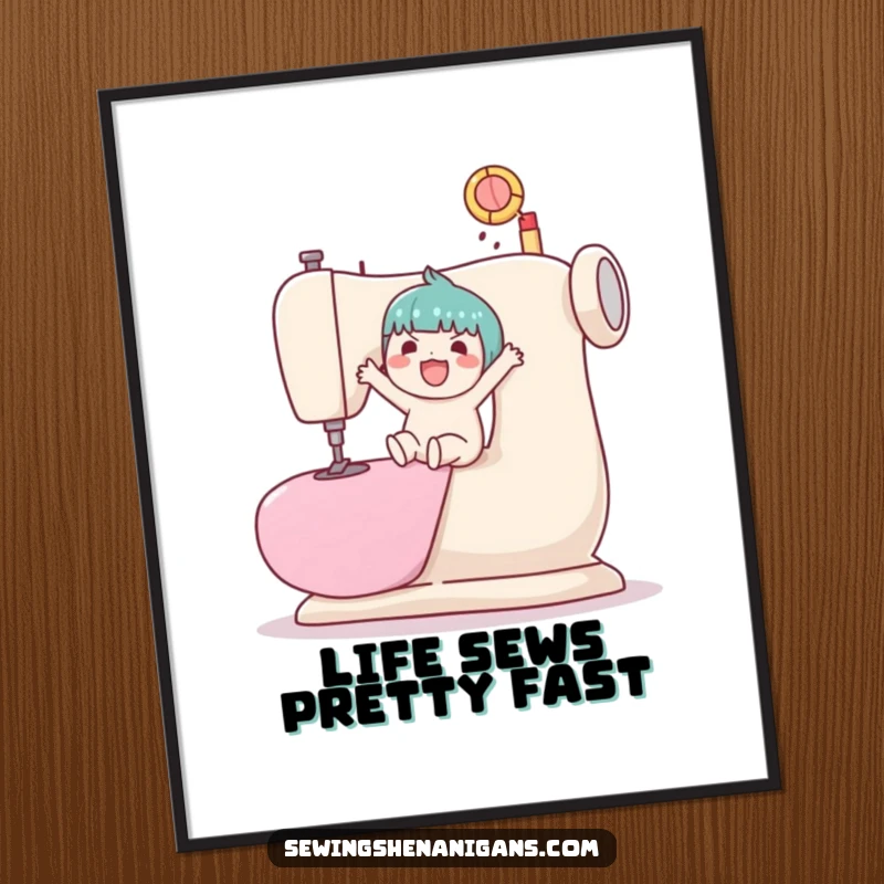 Funny Free Printable Wall Art: A delightful Kawaii character joyfully seated on a giant sewing machine, bouncing a ball with glee.