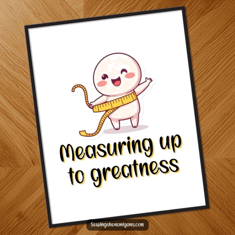 Funny Free Printable Wall Art: A happy measuring tape character stretching out towards a garment, adding a playful touch.