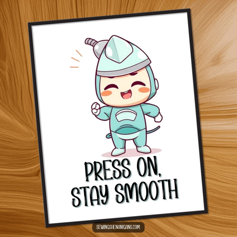 Funny Free Printable Wall Art: a determined iron character joyfully smoothing out wrinkles, bringing a sense of calm and order.