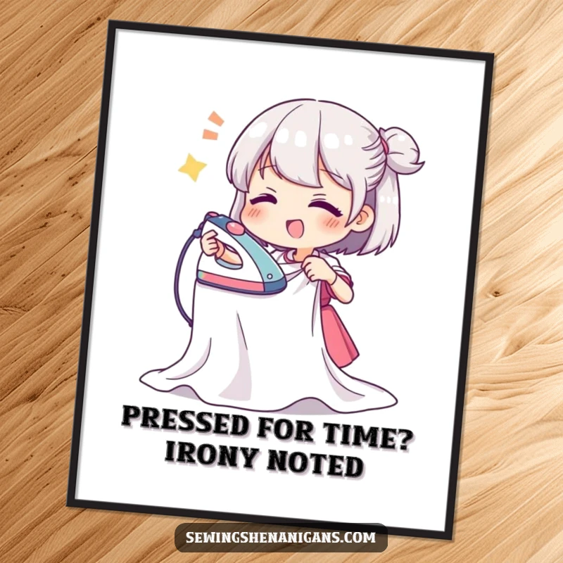 Funny Free Printable Wall Art: Character ironing wavy fabric with zest, steam rising, adding humor to decor.