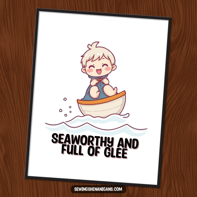 Funny Free Printable Wall Art: Giggling character humorously sailing a thimble like a tiny boat across fabric.