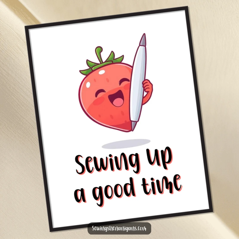 Funny Free Printable Strawberry Wall Art depicting a happy strawberry character holding an oversized needle.