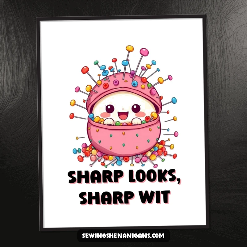 Funny Free Printable Wall Art depicting a cheerful pincushion character overloaded with a rainbow of sharp pins, adding quirky charm.