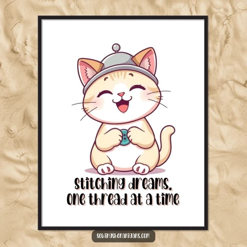 Funny Free Printable Wall Art: Adorable cat in a thimble hat, enthusiastically sewing a button, charming craft decor.