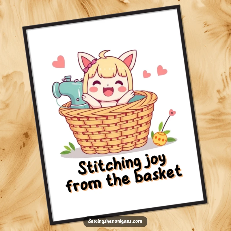 Funny Free Printable Wall Art: Character joyfully popping out of a overflowing sewing basket, a burst of craft-themed humor.